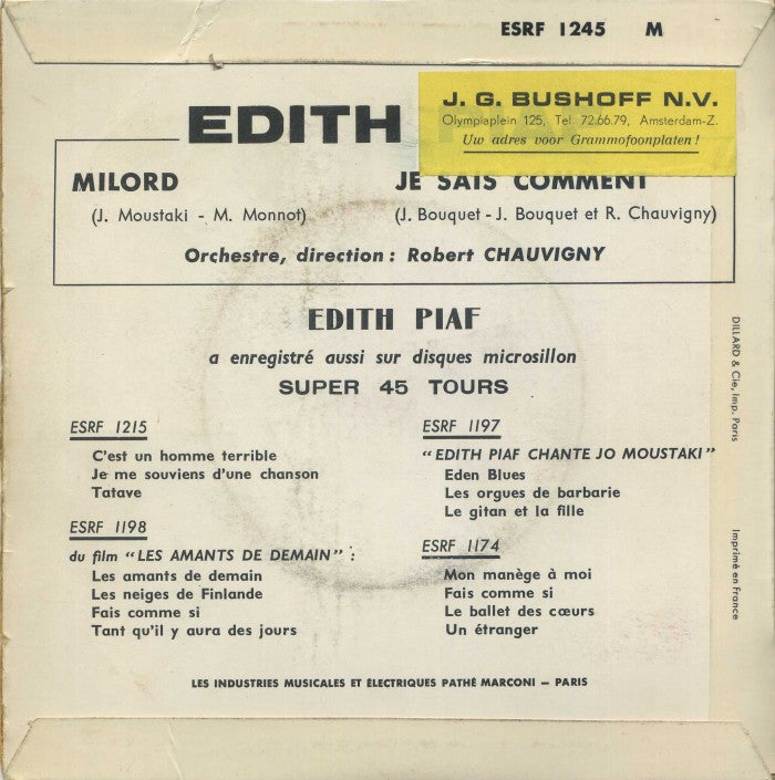 Edith Piaf - Milord 42752 Vinyl Singles Vinyl Zeer Goed / Hoesje Goed "VINYLSINGLES.NL"