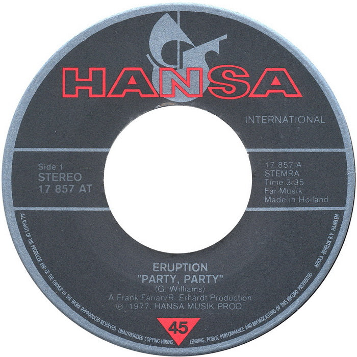 Eruption - Party Party 35357 Vinyl Singles Vinyl Zeer Goed / Hoesje Goed "VINYLSINGLES.NL"