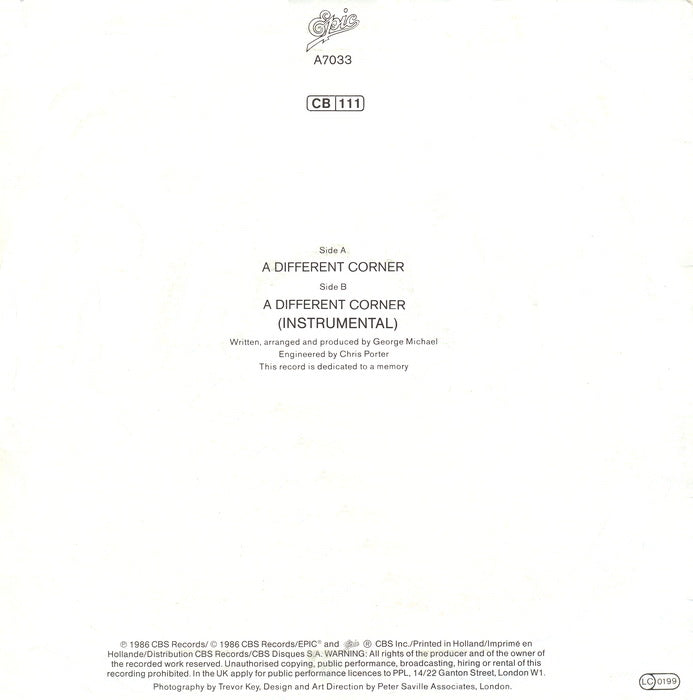 George Michael - A Different Corner Vinyl Singles Vinyl Zeer Goed / Hoesje Goed "VINYLSINGLES.NL"