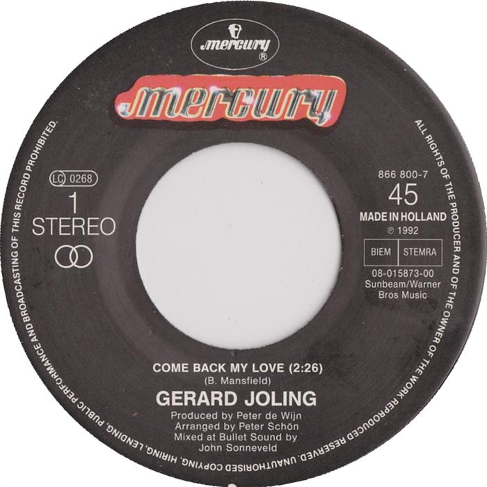 Gerard Joling - Come Back My Love Vinyl Singles Vinyl Zeer Goed / Hoesje Goed "VINYLSINGLES.NL"