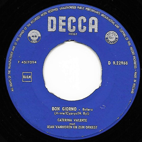 Caterina Valente - Bon Giorno 26836 Vinyl Singles Vinyl Zeer Goed / Hoesje Generic "VINYLSINGLES.NL"