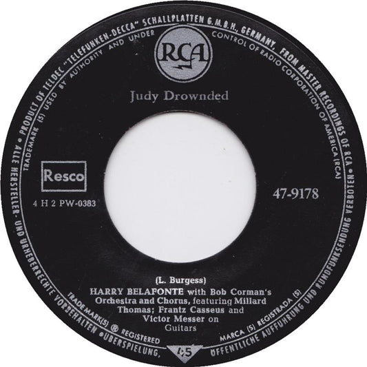 Harry Belafonte - Judy Drownded Vinyl Singles Vinyl Zeer Goed / Hoesje Generic "VINYLSINGLES.NL"