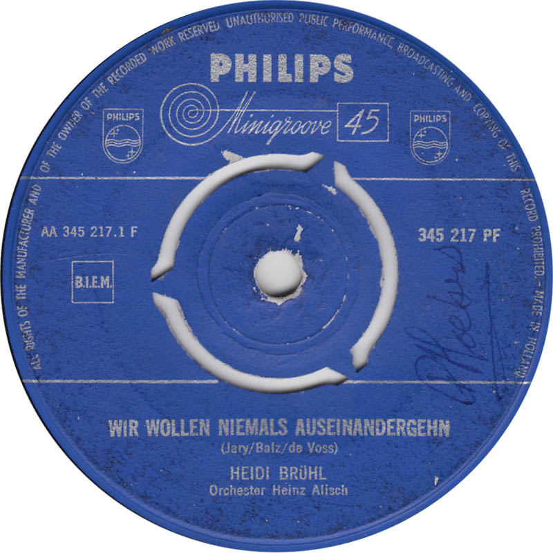 Heidi Brühl - Wir Wollen Niemals Auseinandergehn Vinyl Singles Vinyl Zeer Goed / Hoesje Goed "VINYLSINGLES.NL"