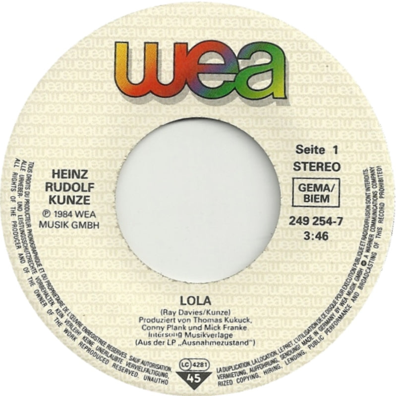 Heinz Rudolf Kunze - Lola Vinyl Singles Vinyl Zeer Goed / Hoesje Goed "VINYLSINGLES.NL"