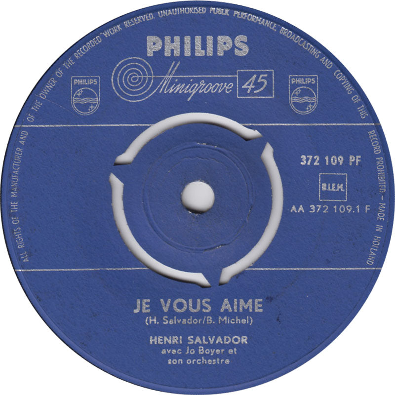 Henri Salvador - Je Vous Aime Vinyl Singles Vinyl Zeer Goed / Hoesje Goed "VINYLSINGLES.NL"