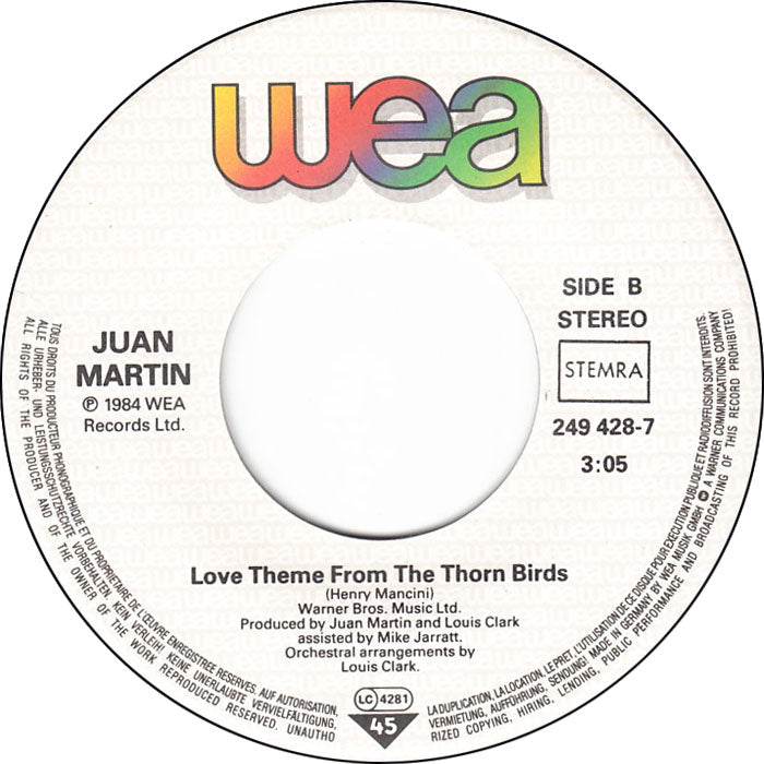 Henry Mancini And His Orchestra, Juan Martin - The Thorn Birds Theme Vinyl Singles Vinyl Zeer Goed / Hoesje Goed "VINYLSINGLES.NL"