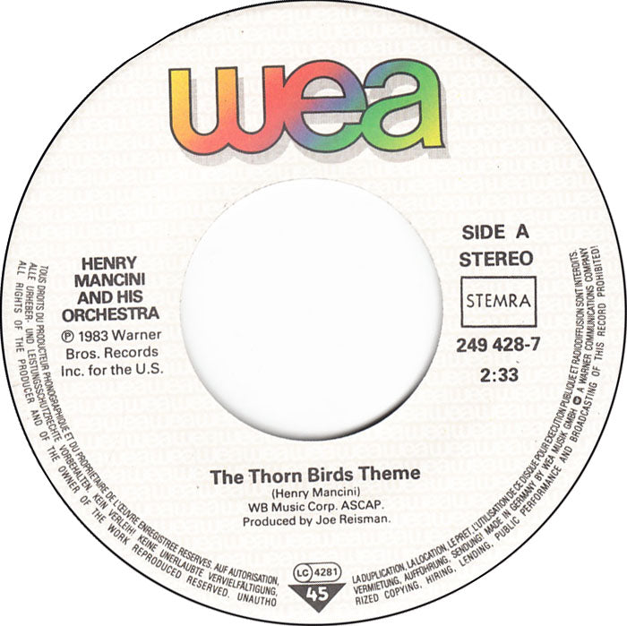 Henry Mancini And His Orchestra, Juan Martin - The Thorn Birds Theme Vinyl Singles Vinyl Zeer Goed / Hoesje Goed "VINYLSINGLES.NL"