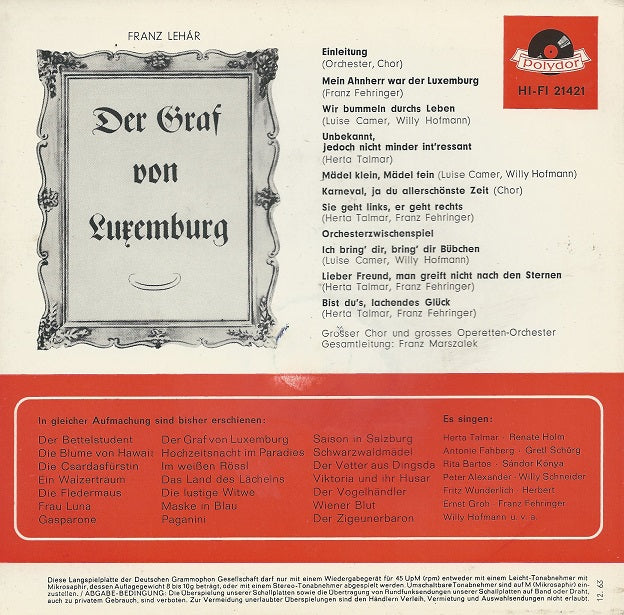 Herta Talmar, Luise Camer, Franz Fehringer, Willy Hofmann - Der Graf Von Luxemburg Vinyl Singles Vinyl Zeer Goed / Hoesje Goed "VINYLSINGLES.NL"