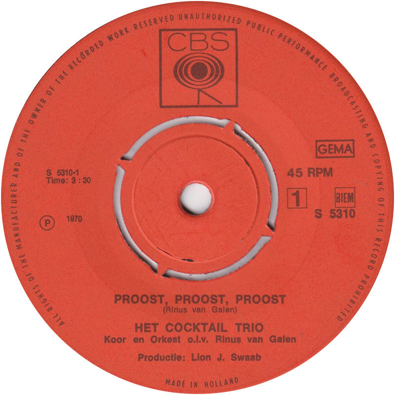 Cocktail Trio - Proost, Proost, Proost! 35137 Vinyl Singles Vinyl Zeer Goed / Hoesje Goed "VINYLSINGLES.NL"