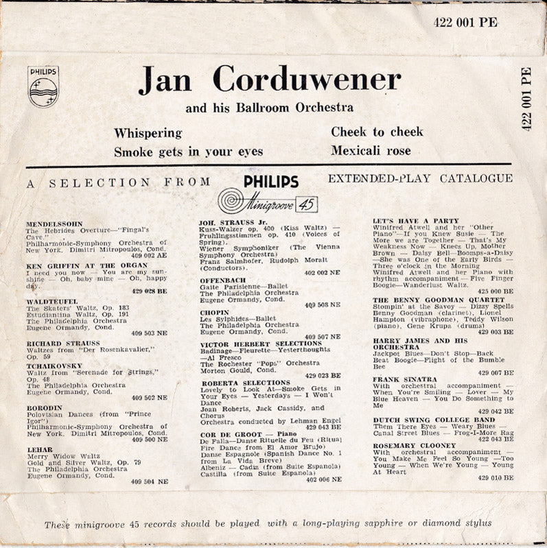 Jan Corduwener And His Ballroom-Orchestra - Whispering (EP) 02059 Vinyl Singles EP Hoes: Goede Staat / Vinyl: Goede Staat   