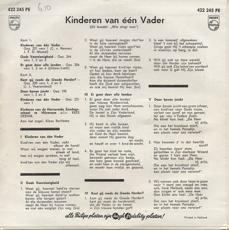 Hervormde Zondagsschool Hilversum - Kinderen Van Een Vader Vinyl Singles EP Vinyl Zeer Goed / Hoesje Goed "VINYLSINGLES.NL"