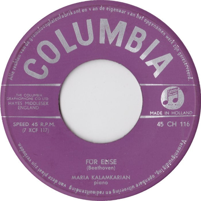 Beethoven / Schumann , Maria Kalamkarian - Für Elise / Träumerei Vinyl Singles Vinyl Zeer Goed / Hoesje Goed "VINYLSINGLES.NL"