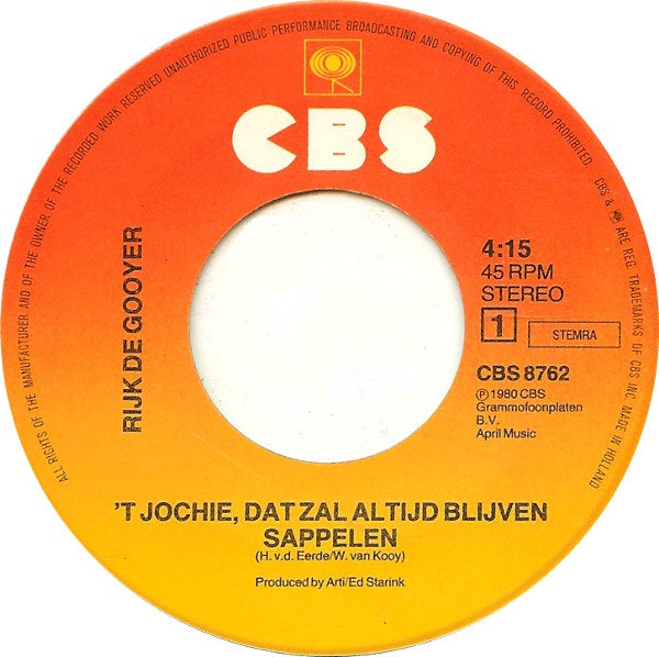 Rijk De Gooyer - 'T Jochie, Dat Zal Altijd Blijven Sappelen 39222 Vinyl Singles Vinyl Goed / Hoes Generic