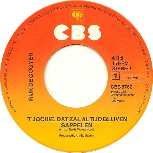 Rijk De Gooyer - 'T Jochie, Dat Zal Altijd Blijven Sappelen 39222 Vinyl Singles Vinyl Goed / Hoes Generic