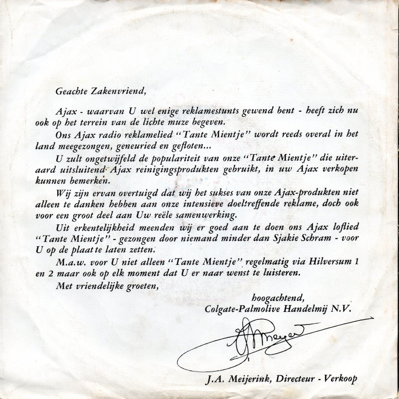 Sjakie Schram - Tante Mientje En De Witte Tornado 16211 Vinyl Singles Vinyl Goed / Hoes Goed