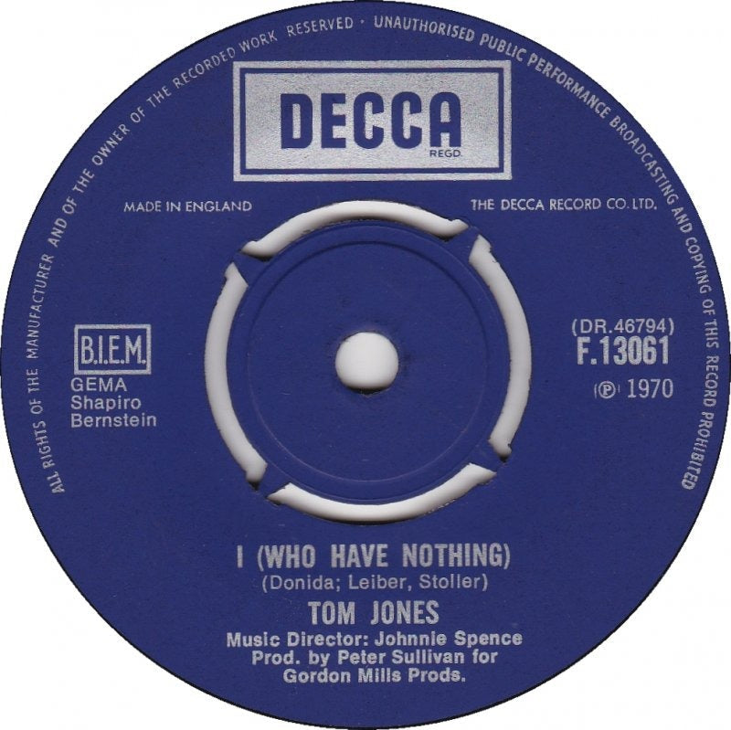 Tom Jones - I (Who Have Nothing) 09841 Vinyl Singles Vinyl Goed / Hoes Generic