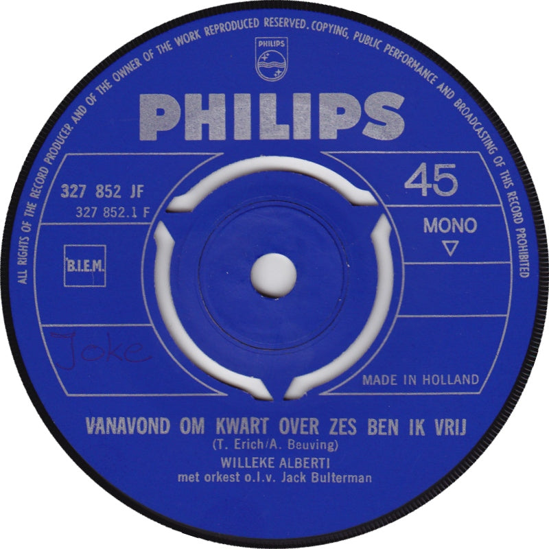 Willeke Alberti - Vanavond Om Kwart Over Zes Ben Ik Vrij 38996 (B) Vinyl Singles Vinyl Goed / Hoes Generic