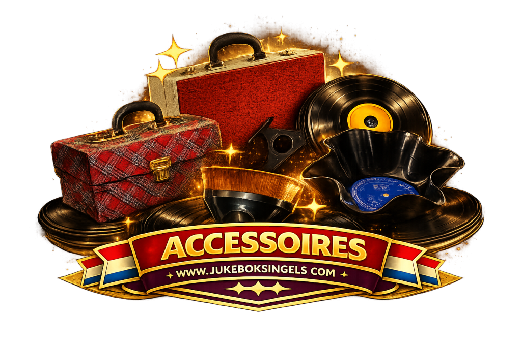 Een verzameling vintage accessoires, waaronder koffers en platen.
