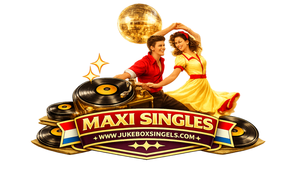 Dansend paar met platen en een discobal, logo van "Maxi Singles".