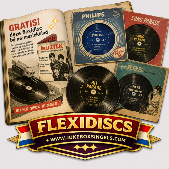 Een collage van flexidisc platen met een advertentie voor Flexidiscs.