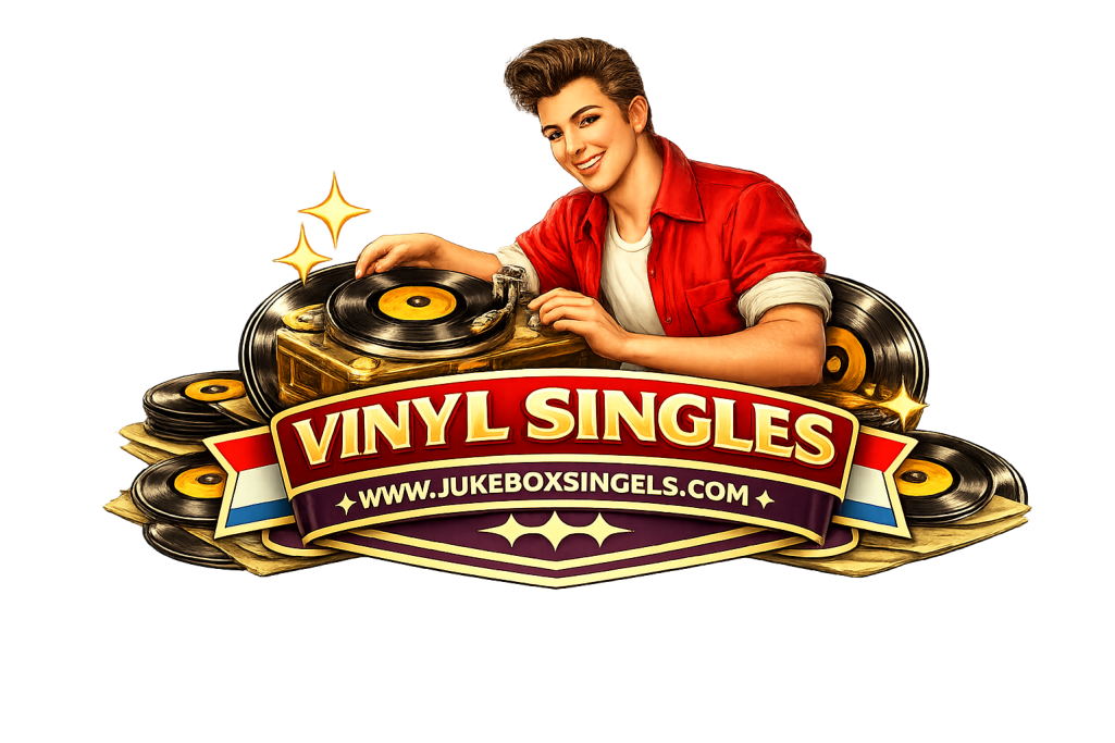 Logo van Vinyl Singles met een jongen die vinylplaten afspeelt en glinsterende effecten.